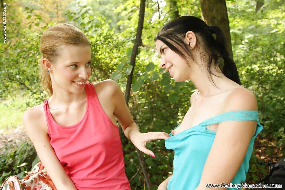 Young girls Angel I and Judy A explore lesbian side by having sex outdoors - #6