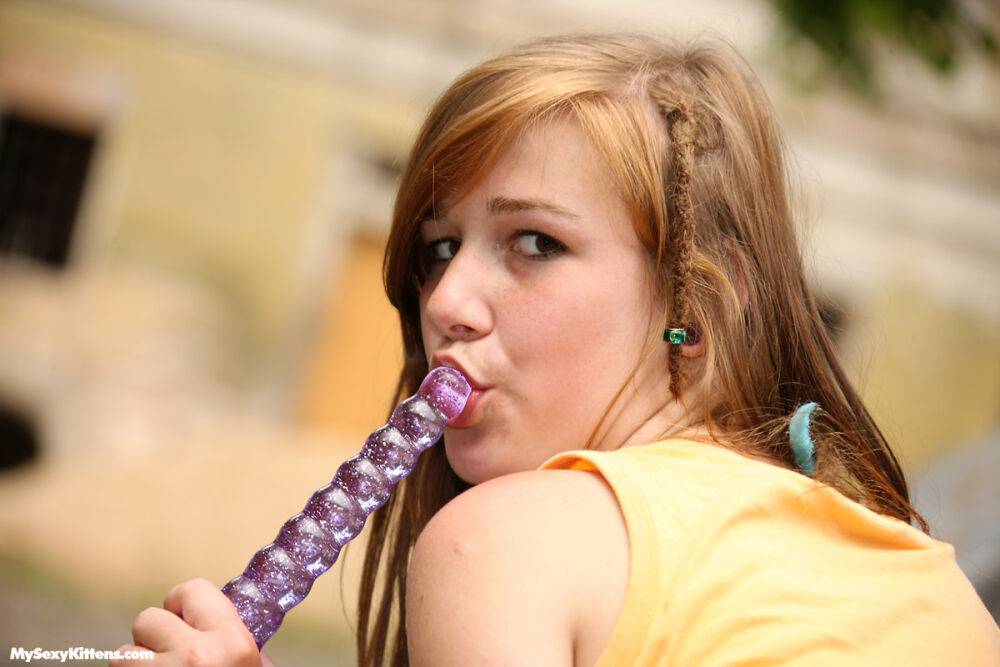 Naughty redhead young teen toys her pussy with dildo outside - #10