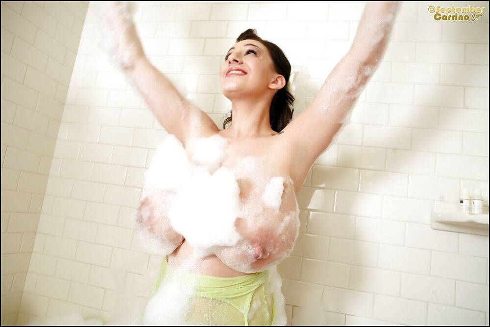 Voluptuous babe with huge boobs September Carrino taking a bath - #1