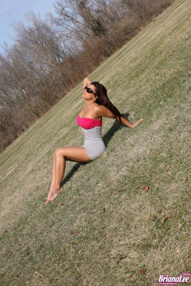 Brunette amateur Briana Lee hikes up her tight skirt in the middle of a field | Photo: 830799