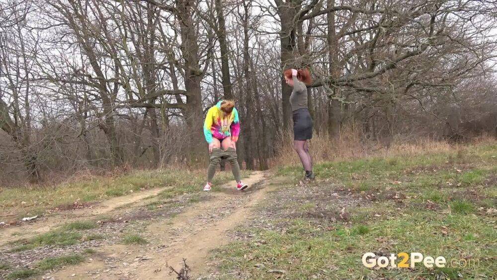 Redheads Chrissy Fox & Red Fox squat for a pee while taking a hike - #14