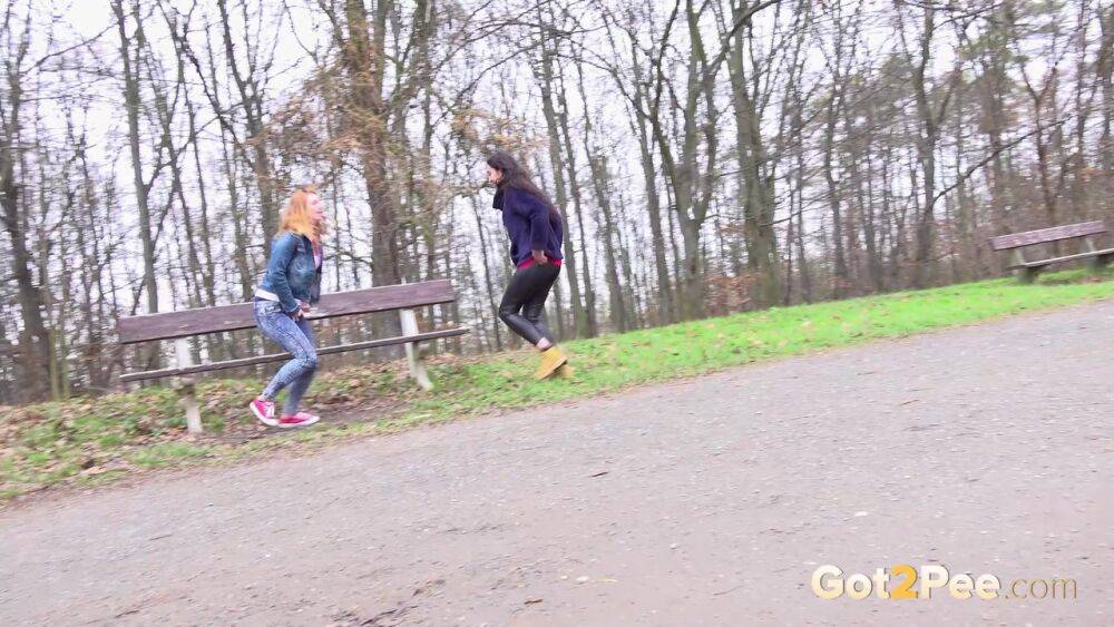 Best friends Esperansa & Chrissy Fox squat to pee near a bench in a park - #9