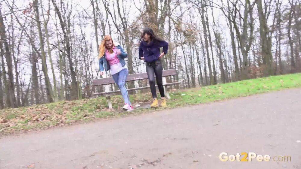 Best friends Esperansa & Chrissy Fox squat to pee near a bench in a park - #5