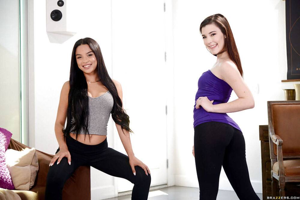 Cute lesbo teens Jenna Reid and Maya Bijou free tight butts from yoga pants - #14