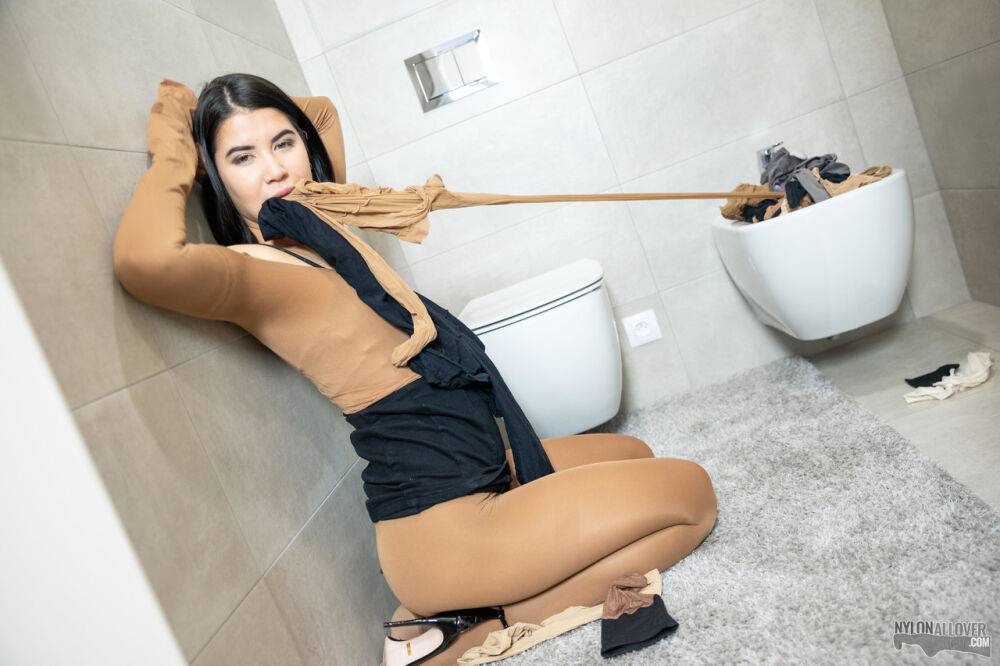 Dark-haired beauty Lady Dee encases herself in pantyhose while in a bathroom - #1