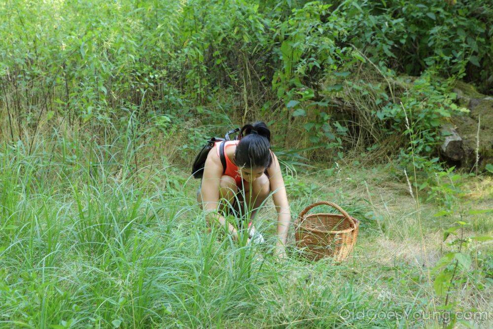 Young brunette gets fucked by an old man while picking berries - #1