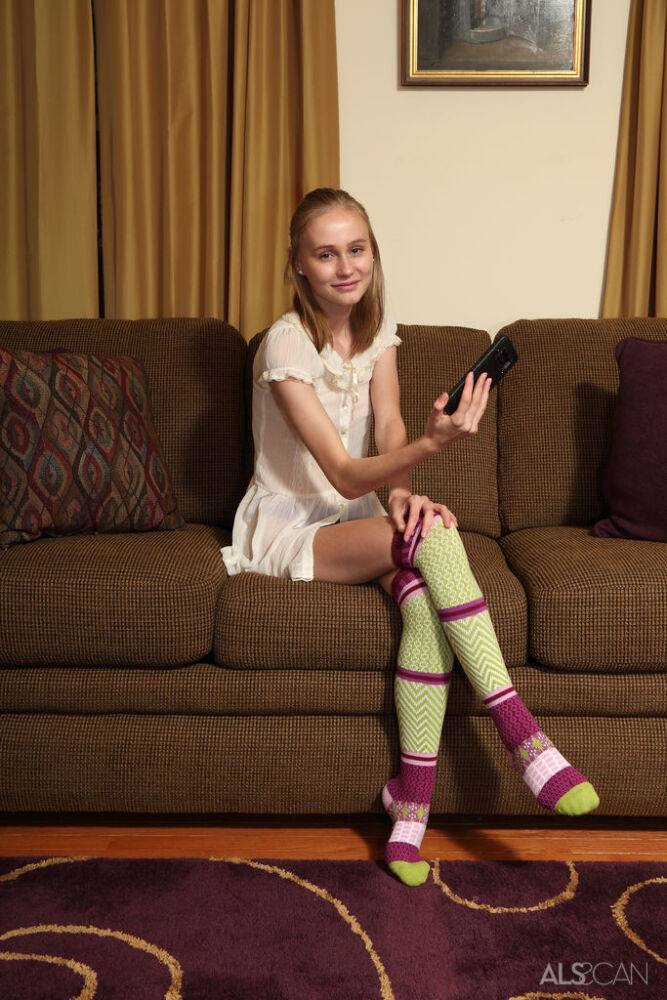 Adorable teen Alicia Williams takes a selfie before getting naked in OTK socks - #2