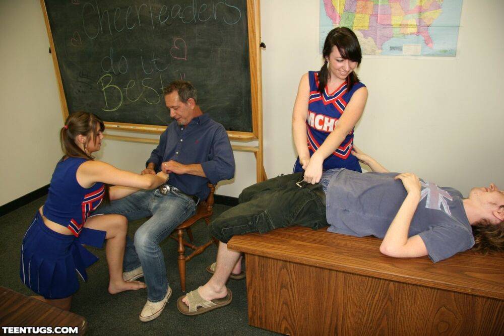 2 cheerleaders jerk off their geography teacher on top of his desk - #3