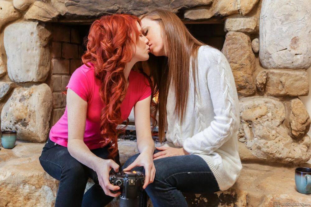 Lesbian girls Elle Alexandra & Maddy Oreilly tongue kiss by a fireplace - #5