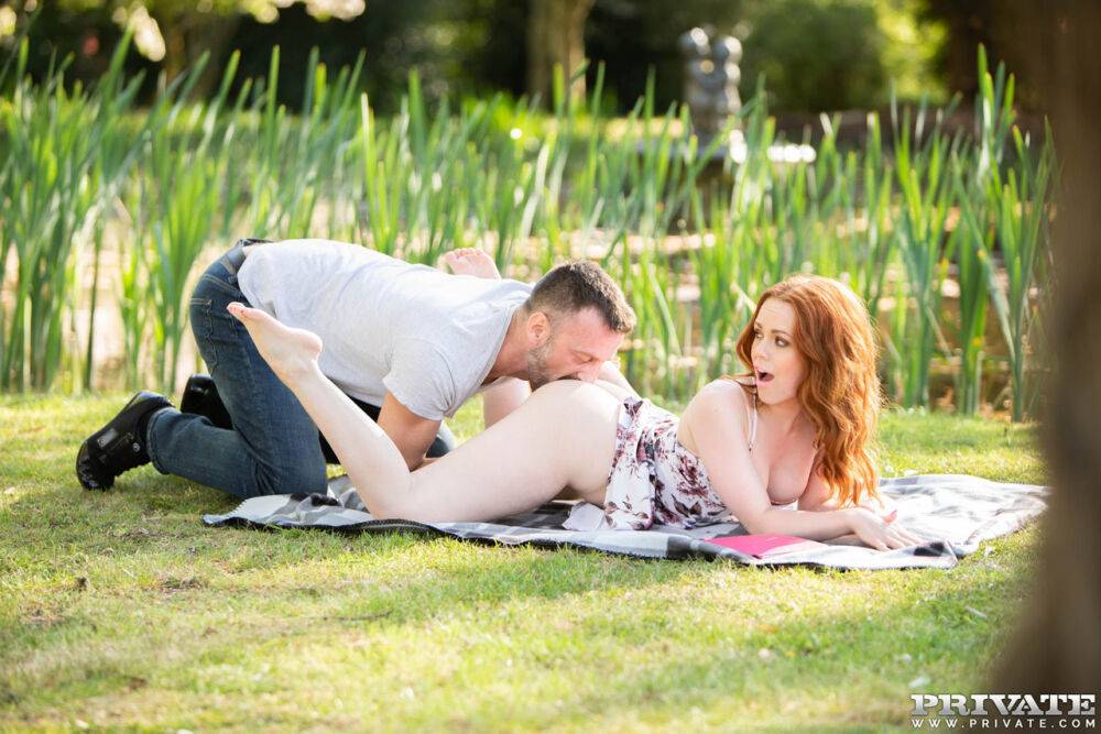 Natural redhead Ella Hughes drips jizz from her tongue after sex on back lawn - #10