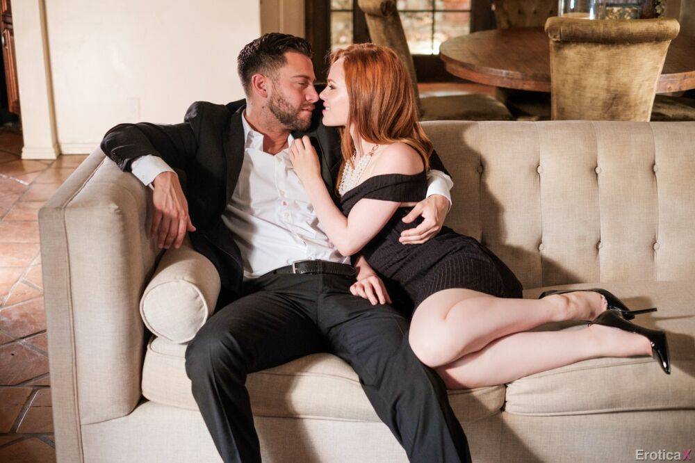 Pale redhead Ella Hughes seduces her man in a short black dress and heels - #5