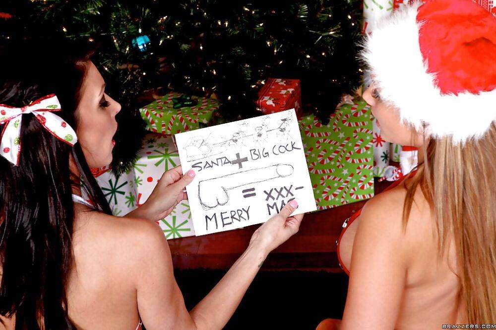 Three busty hotties in stockings pleasuring Santa in steamy groupsex - #8