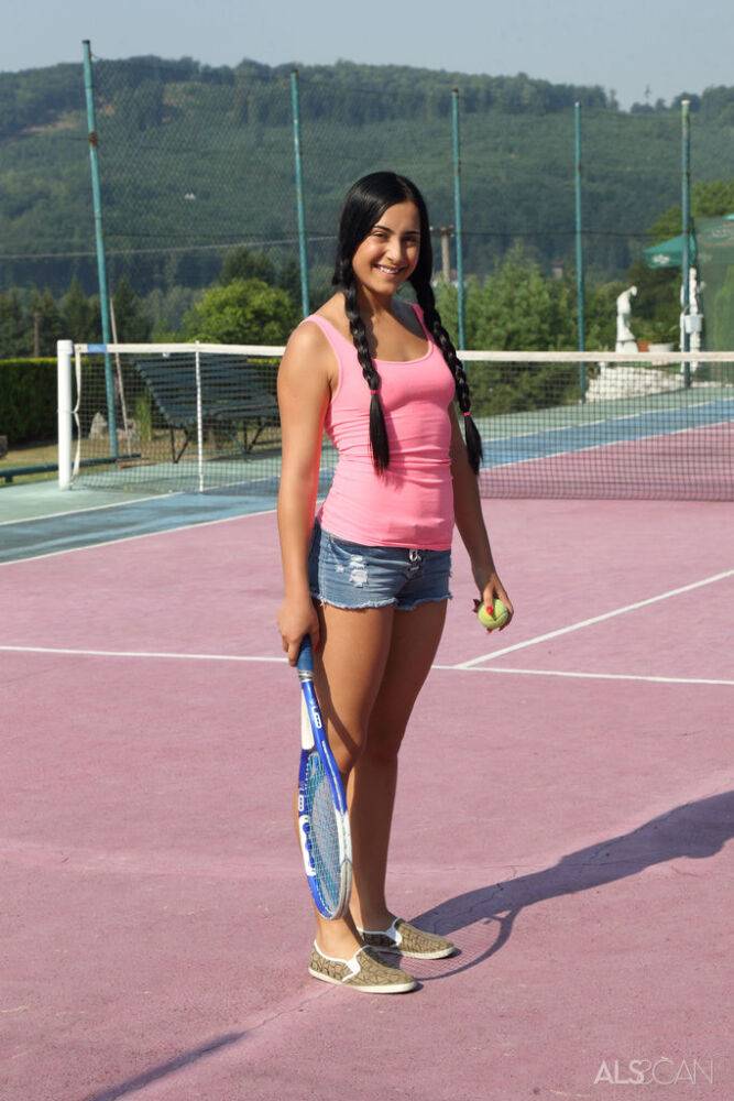 Skinny teen Ana Rose has her pink pussy pegged on a tennis court by a lesbian - #15