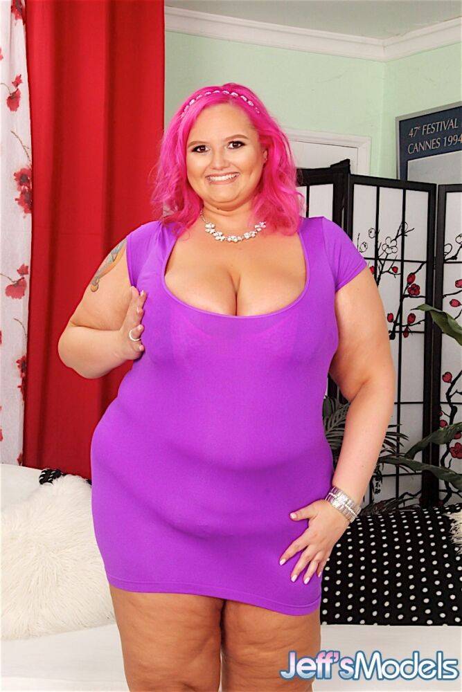 SSBBW Sara Star sports pink hair while licking a cock during a tit fuck - #14