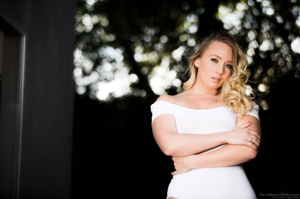 Blonde solo girl AJ Applegate rips off her leggings and onesie on the patio - #2