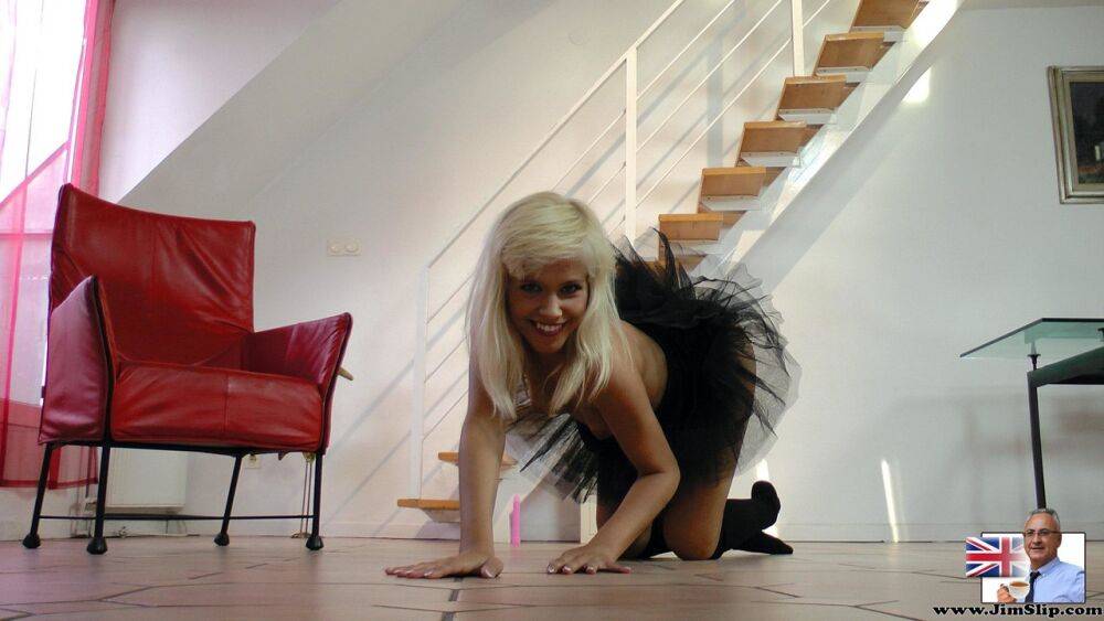 Charming blonde teen dildos her pussy in black tutu and OTK socks - #10