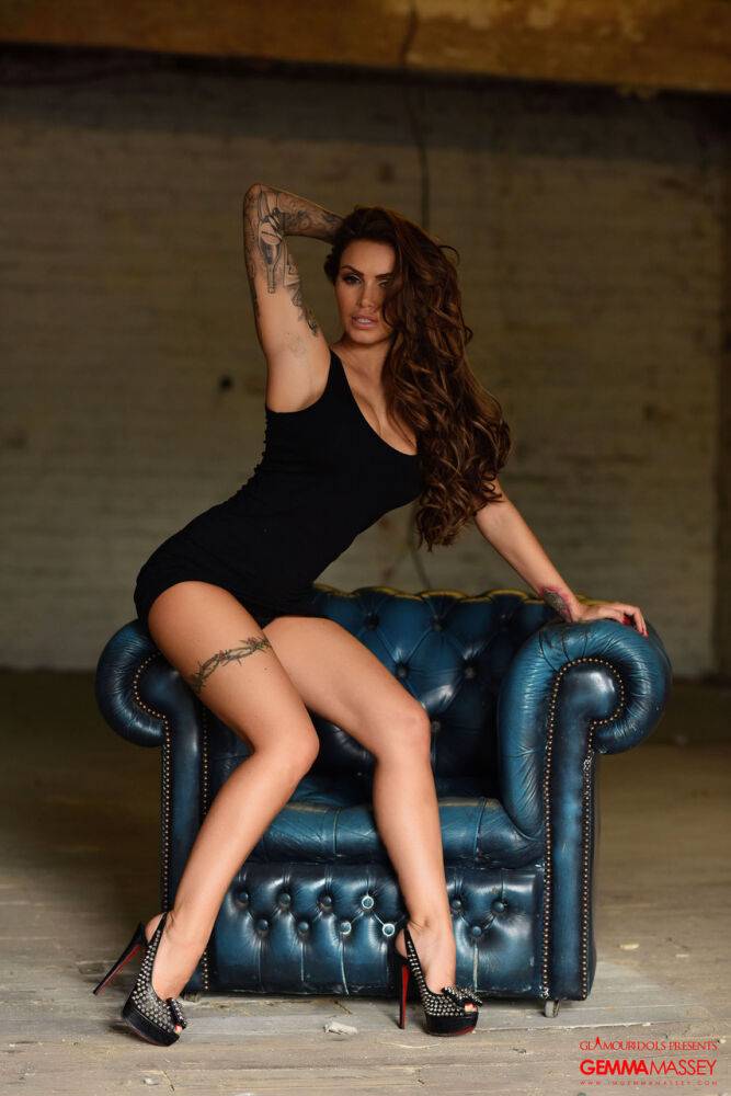 Tattooed model Gemma Massey works clear of a black dress to pose nude in heels - #6