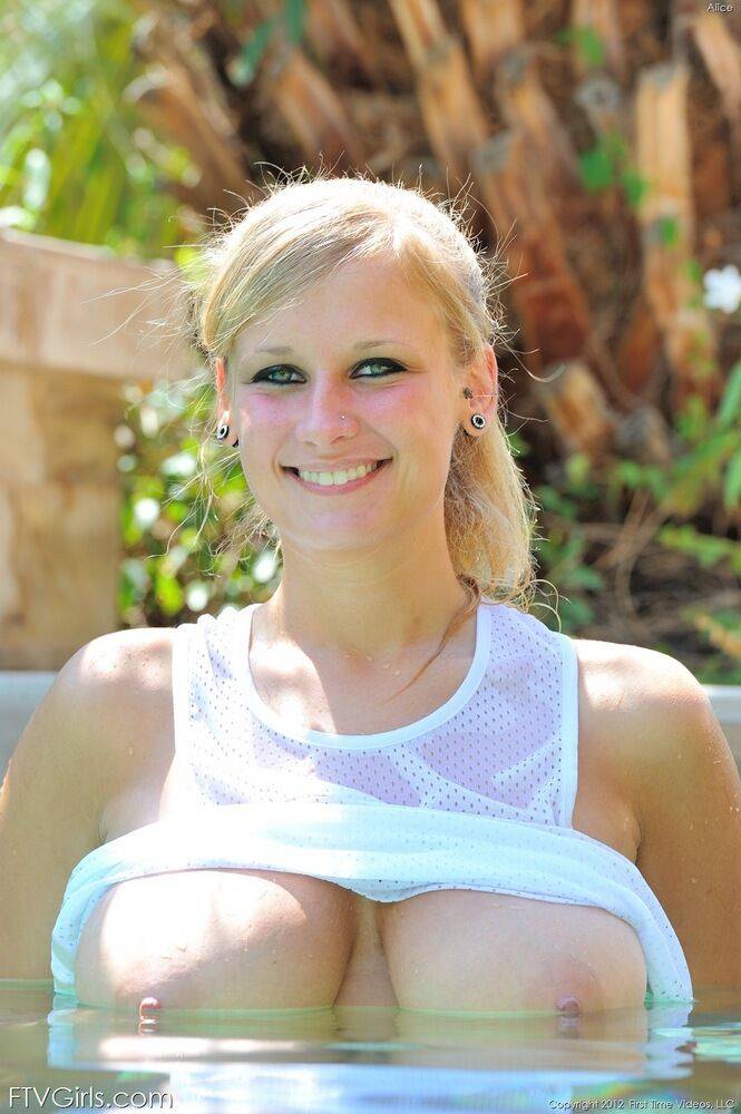 Big titted amateur blonde spreads her sweet pussy lips by the pool - #5