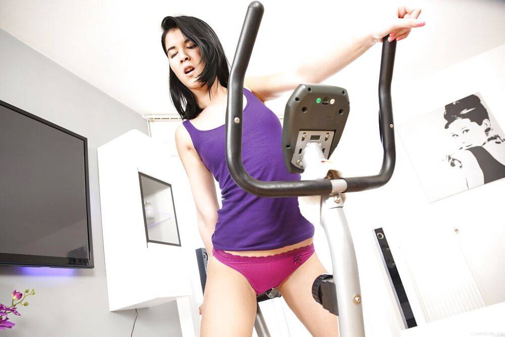 Petite coed Lady D working out on exercise bike in purple panties - #10