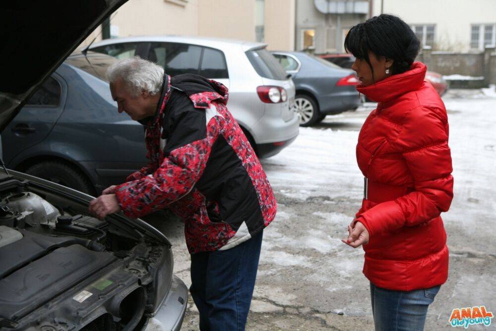 Young brunette with car troubles ends up doing anal with a really old man - #16