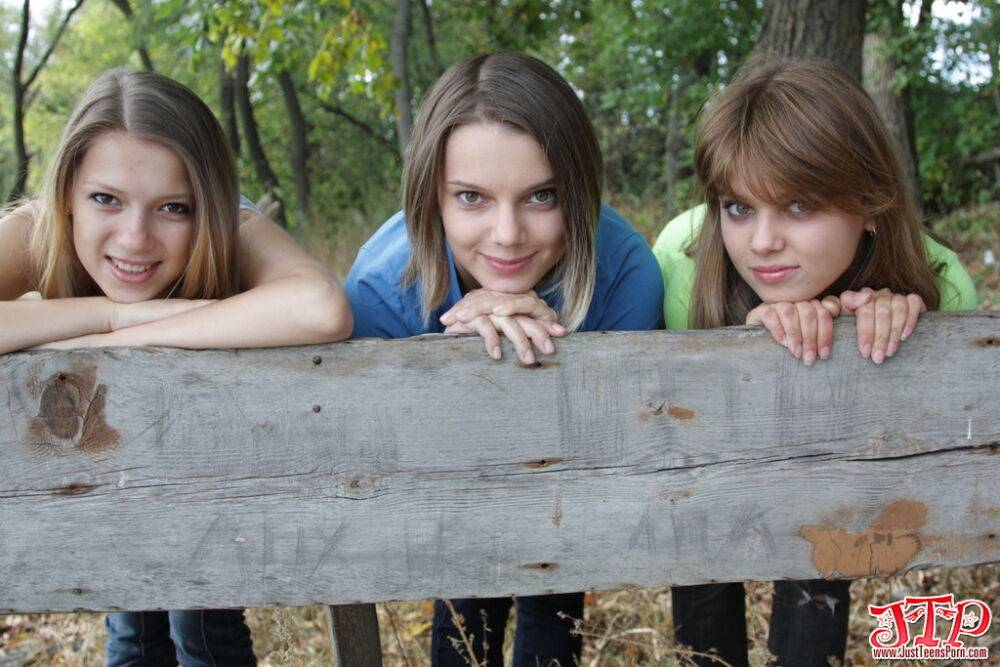 Three young looking girls gets naked on a wooden bench in the countryside - #7