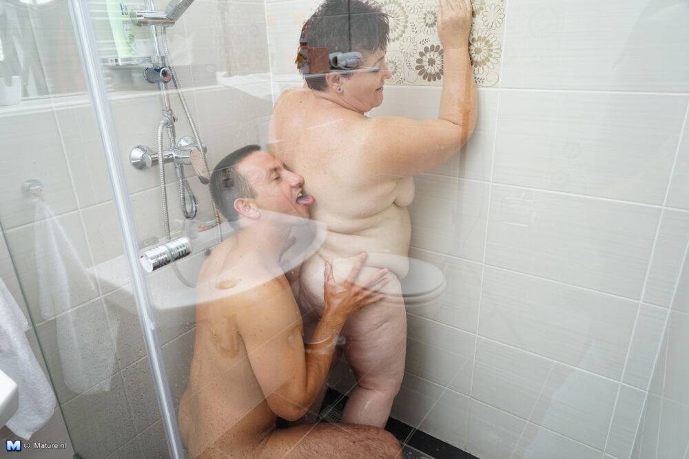 Mature BBW gets caught showering before sex with her younger lover - #6