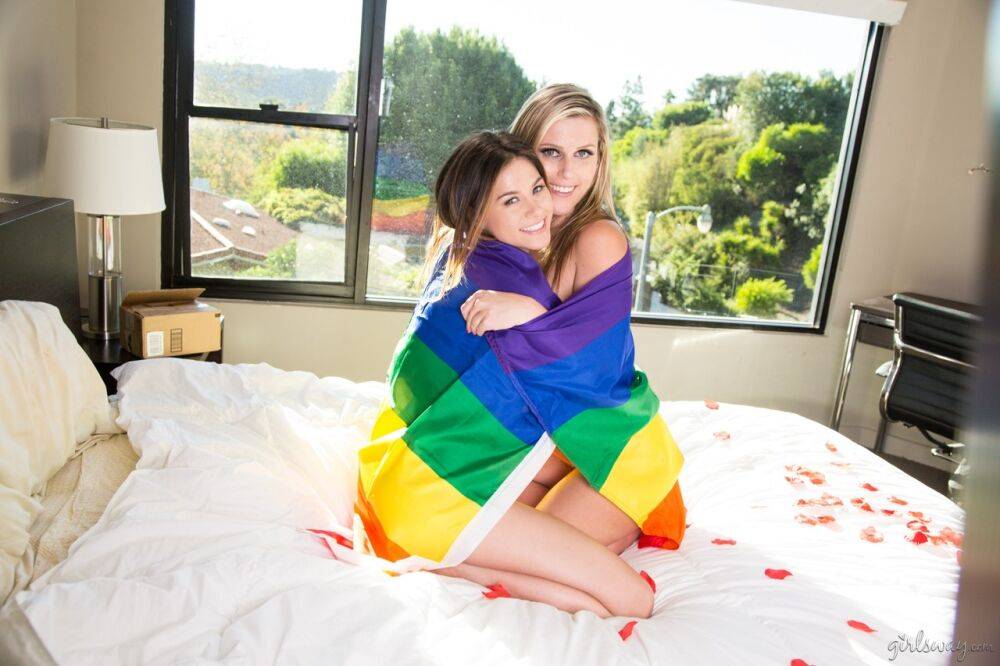 Naked teen lesbians Sasha Heart & Shyla Jennings wrap themselves in a flag - #5