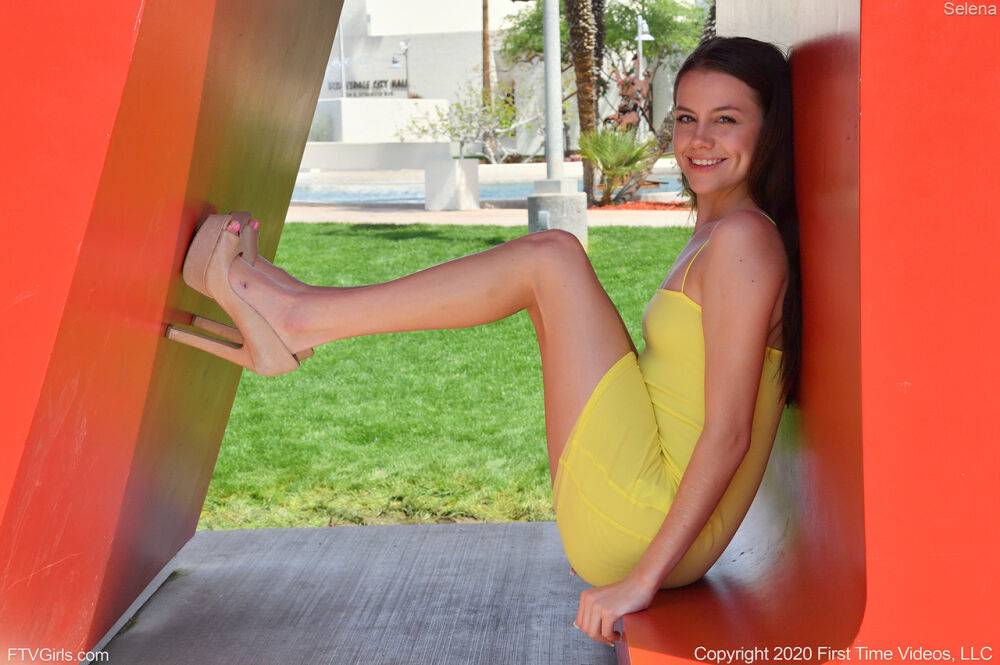 Sweet teen Selena fingers spreads her shaved pussy on a balcony with a view - #14