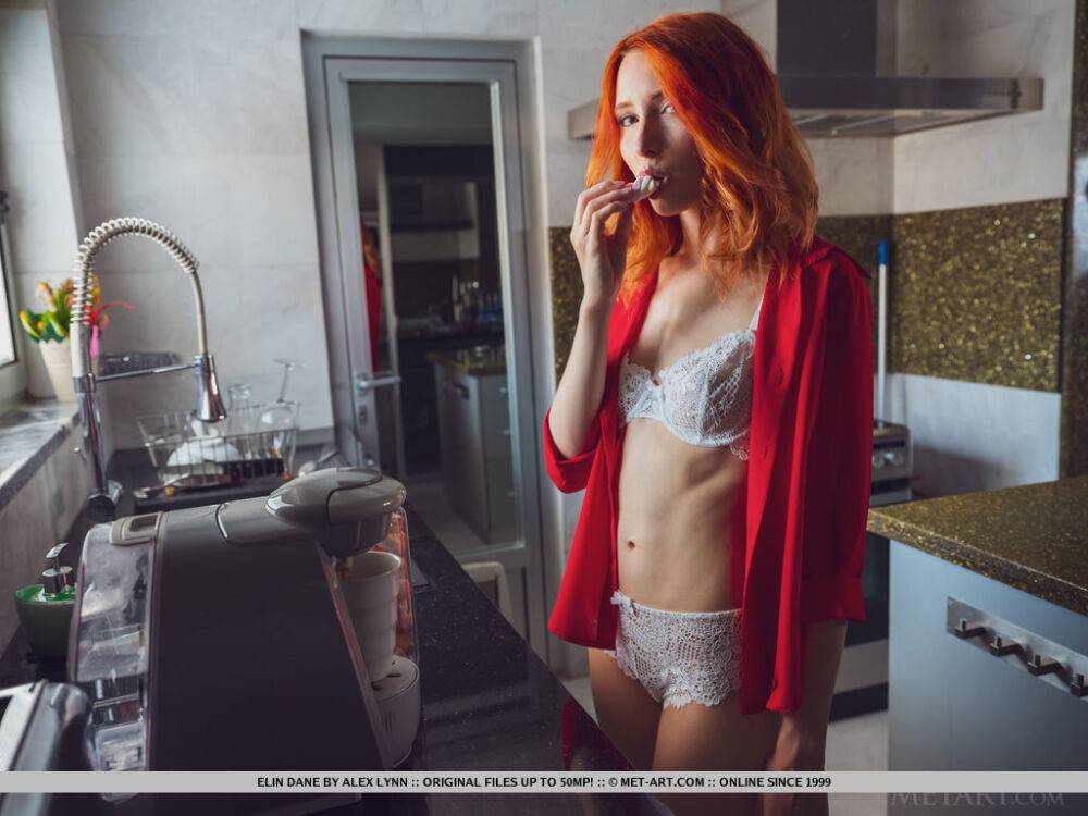 Young redhead Elin Dane gets totally naked on her bed over a hot beverage - #15