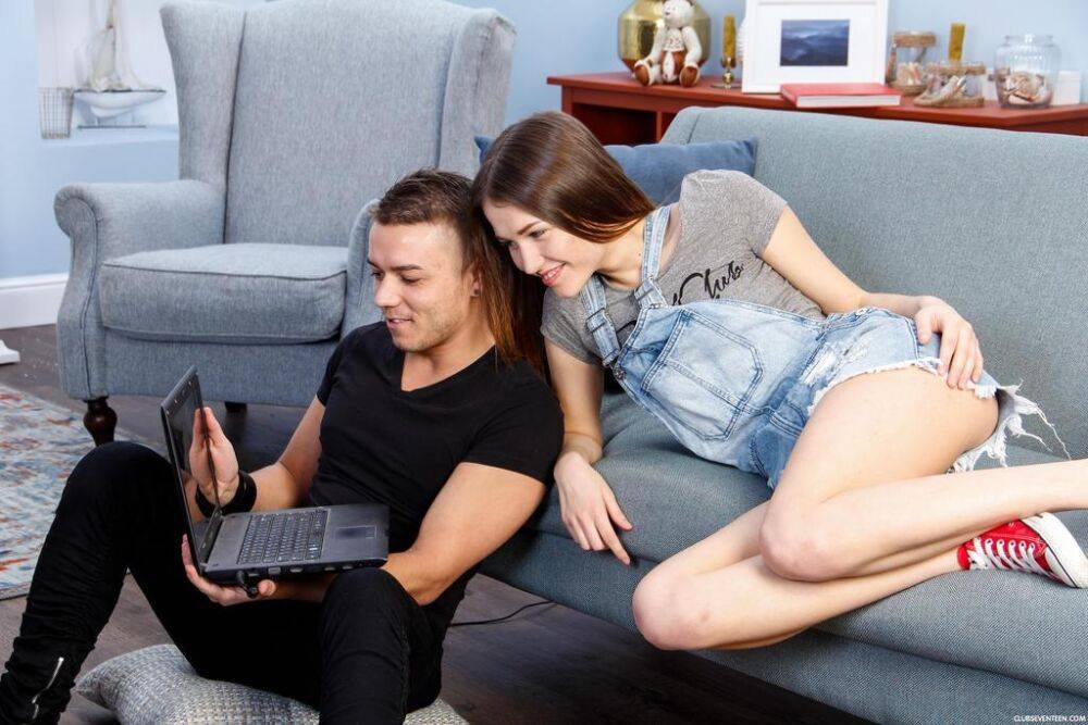 Teen girl with perky tits seduces her gaming boyfriend on a sofa - #5