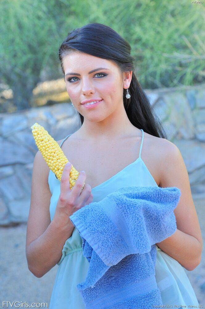 Teen girl with dark hair and a tight ass pleasures herself with corncob dildo - #10