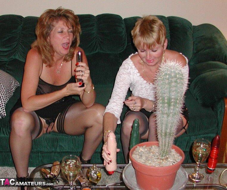 Mature lesbians satisfy each others pussy with sex toys on a couch - #16