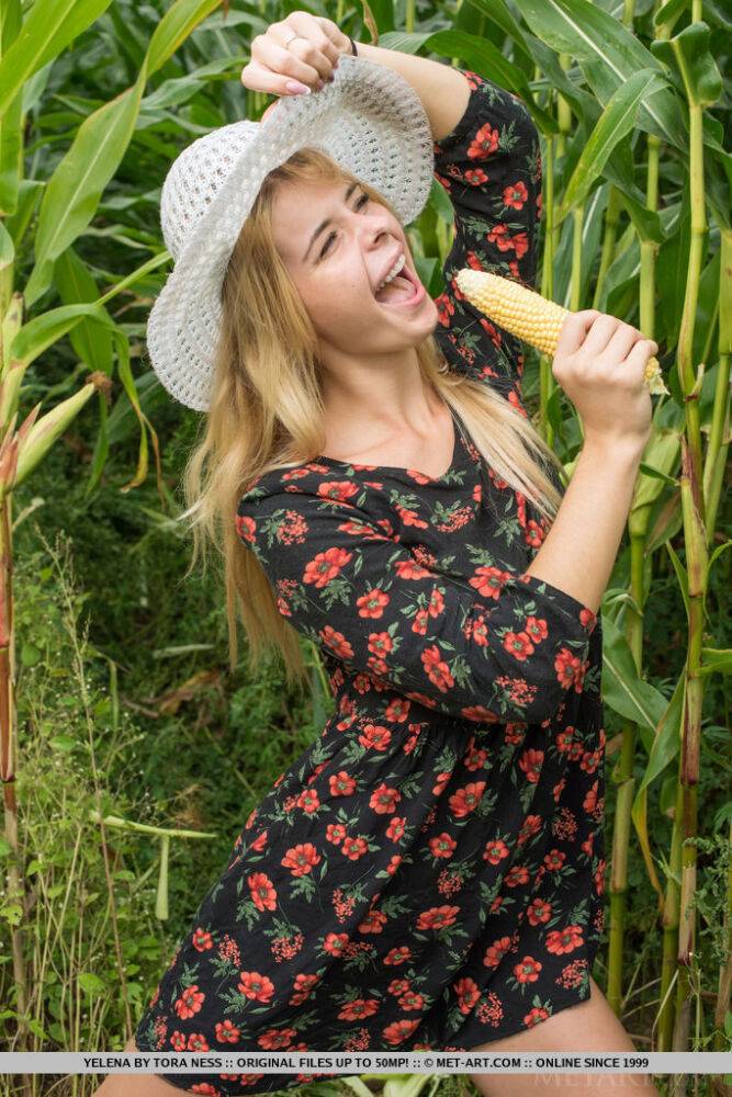 Slim blonde with big boobs flaunts her meaty labia lips in a cornfield - #7