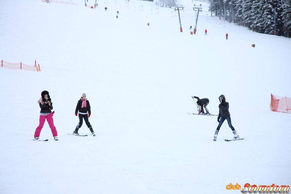 Barely legal teens flash their tits after a day of hitting the slopes - #4