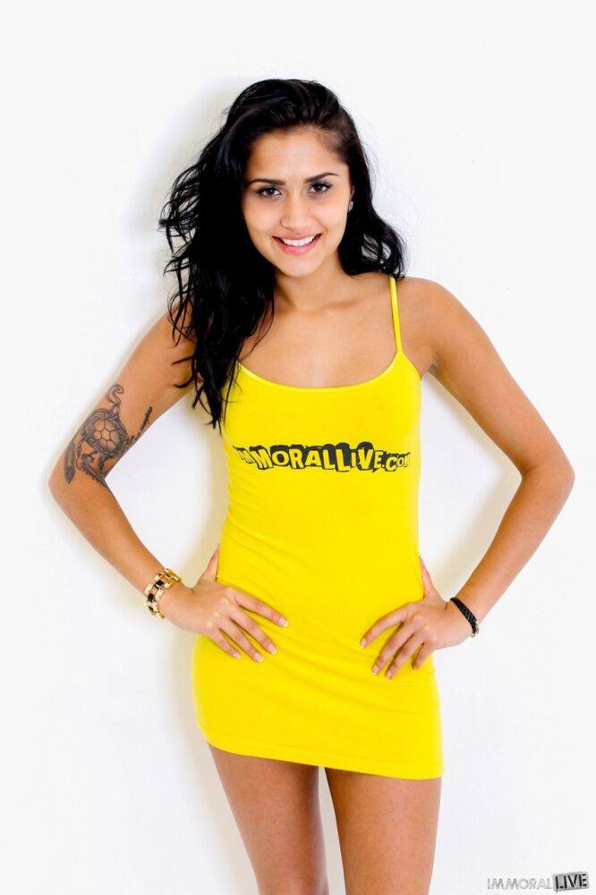 Latina teen Giselle Mari removes a yellow spaghetti strap dress to pose nude - #13