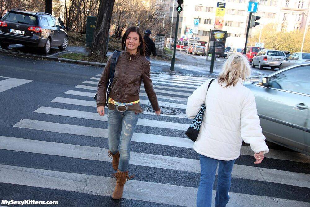 Young girls meet on a street before having lesbian sex on stairs of a building - #16