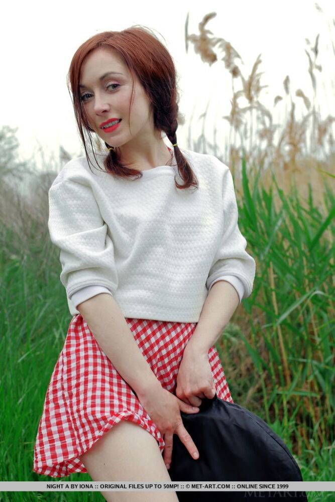 Redhead teen Night A exposes her nice pussy in the long grass behind a boulder - #14