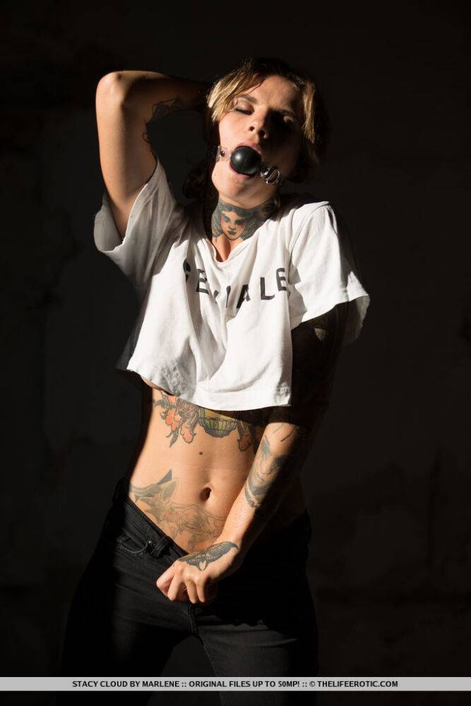 Tattooed female Stacy Cloud wears a ball gag while getting naked at night - #1