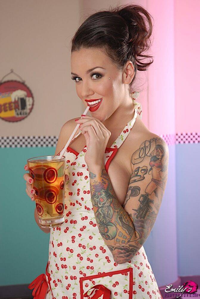 Tattooed waitress Emily Parker doffs an apron to pose totally nude in a diner - #14