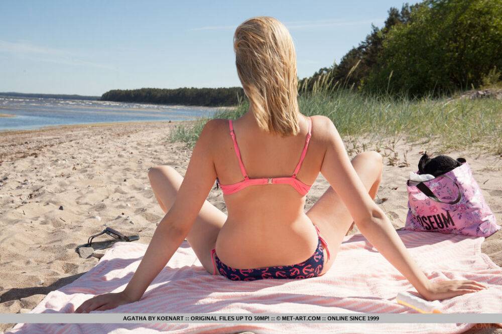 Blonde teen with big boobs gets naked atop a towel on a sandy beach - #10