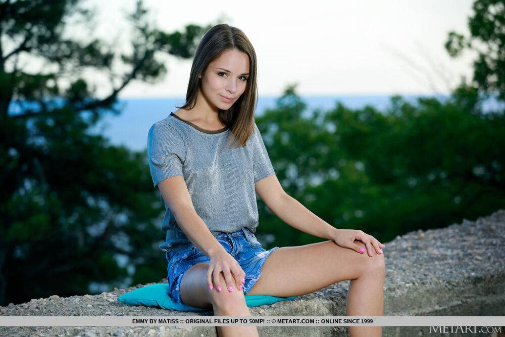 Pretty teen Emmy gets completely naked on a concrete retaining wall - #15