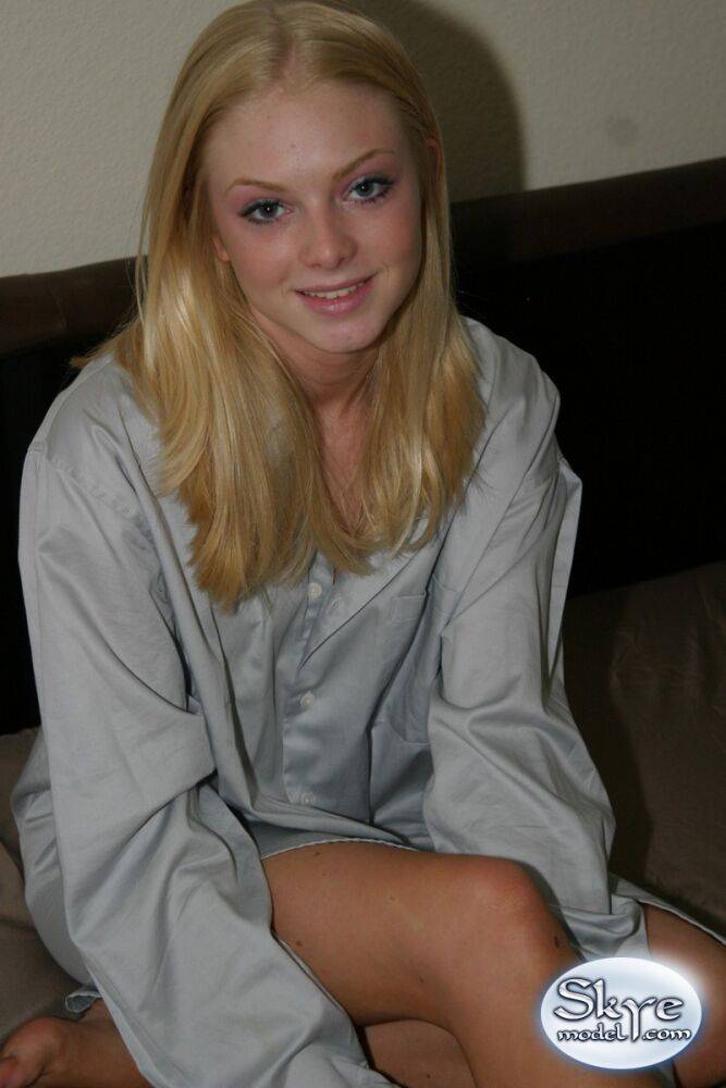 Flighty blonde Skye shows her super sexy legs in a dress shirt - #1