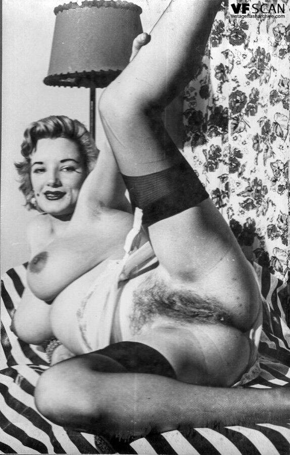 Vintage photos of busty models spreading to flaunt their hairy pussies - #8