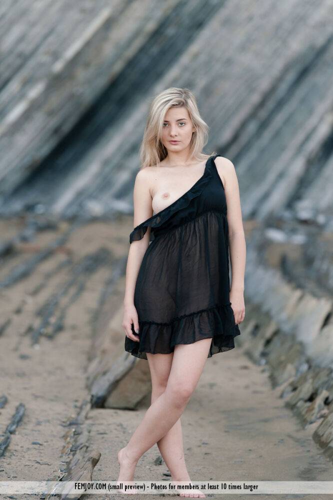 Blonde girl Anna T models completely naked on the seafloor at low tide - #2