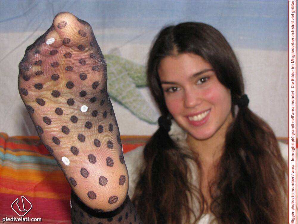 Amateur girl Sweet Carla models non nude while wearing polka-dot pantyhose - #14