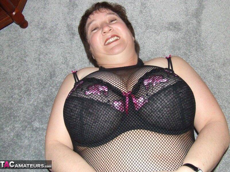 Mature BBW models by herself in crotchless pantyhose and leather boots - #16