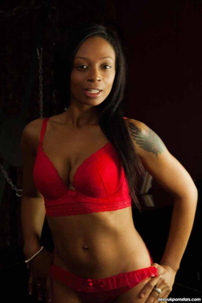 British black girl Lola Marie models red lingerie and matching stockings - #4