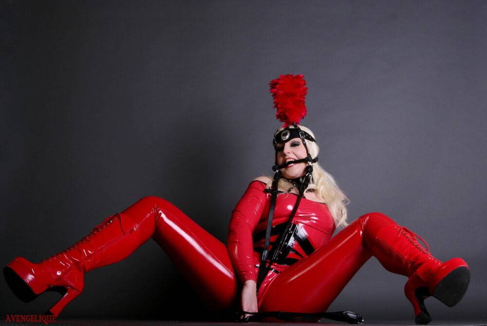 Hot blonde Dark Wing Zero models a red latex pony girl outfit by herself - #5