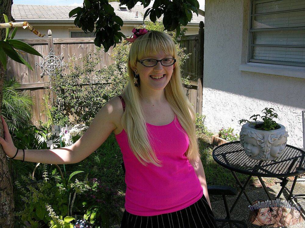 Nerdy blonde teen Krystal shows off her trimmed muff for the first time - #16