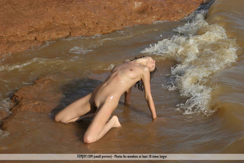 Solo girl Melanie models totally naked while the ocean waters soaks her - #9